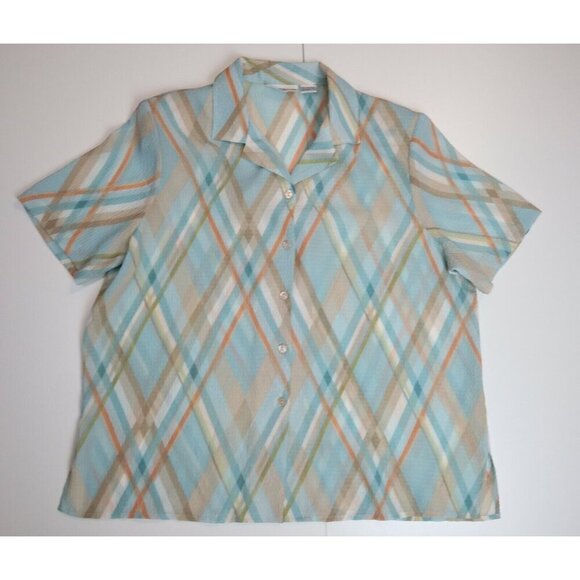 ALFRED DUNNER - LIGHT BLUE PRINT SHORT SLEEVE TEXTURED BUTTON-UP BLOUSE - 16P - Picture 1 of 5